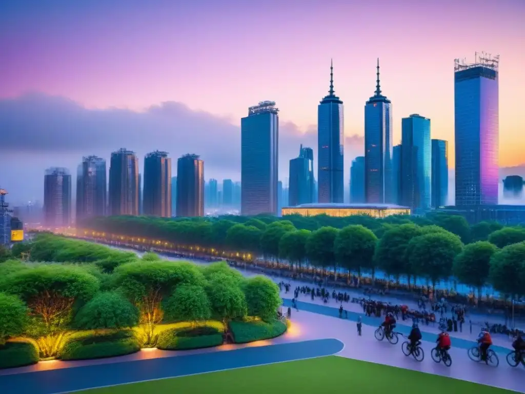 Metrópolis futurista y sostenible al anochecer Desarrollo urbano metrópolis estrategias: Ciudad vibrante al atardecer con rascacielos modernos iluminados y parque urbano verde