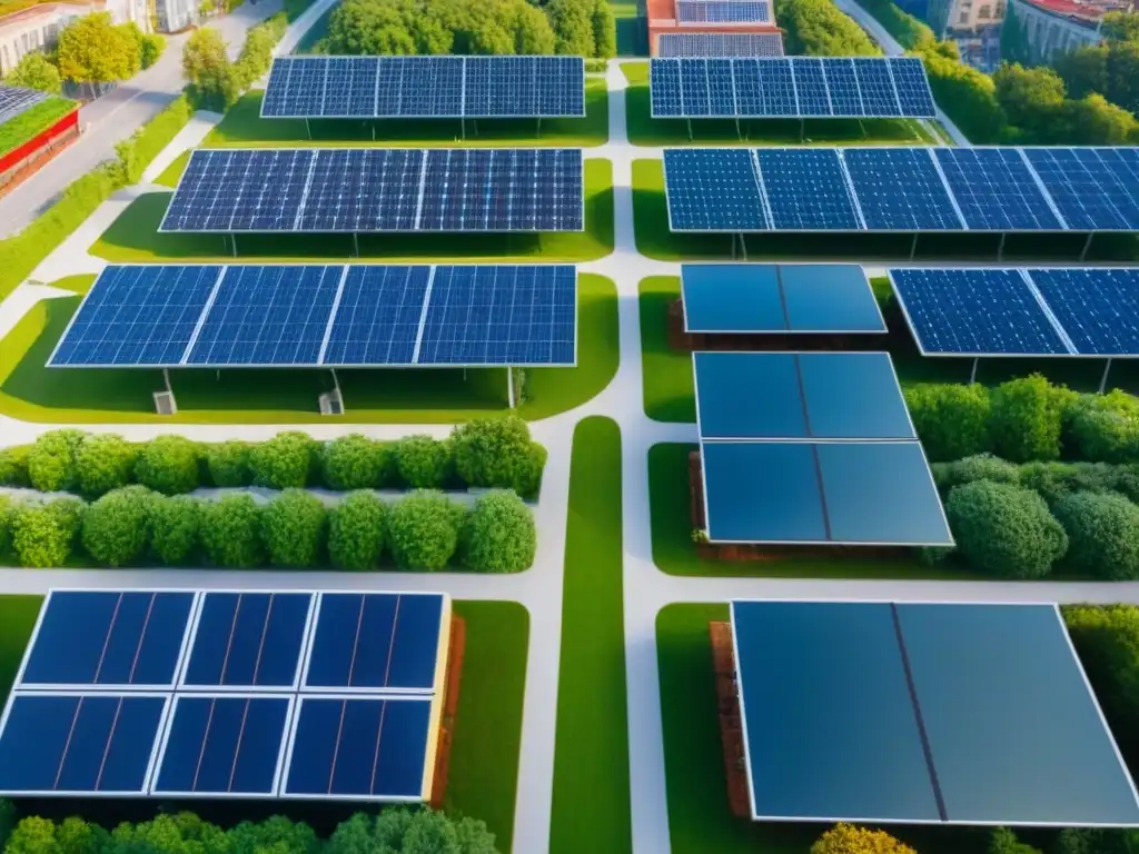 Desarrollo urbano sostenible: ¡Un oasis verde en la ciudad! Un desarrollo urbano sostenible con espacios verdes, paneles solares, ciclovías y transporte público eficiente, bajo un cielo azul despejado