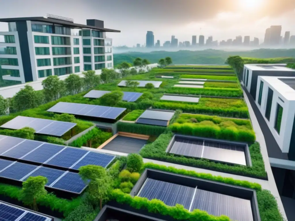 Desarrollo urbano sostenible: armonía entre naturaleza y modernidad Un desarrollo urbano sostenible con techos verdes, paneles solares y sistemas de recolección de agua