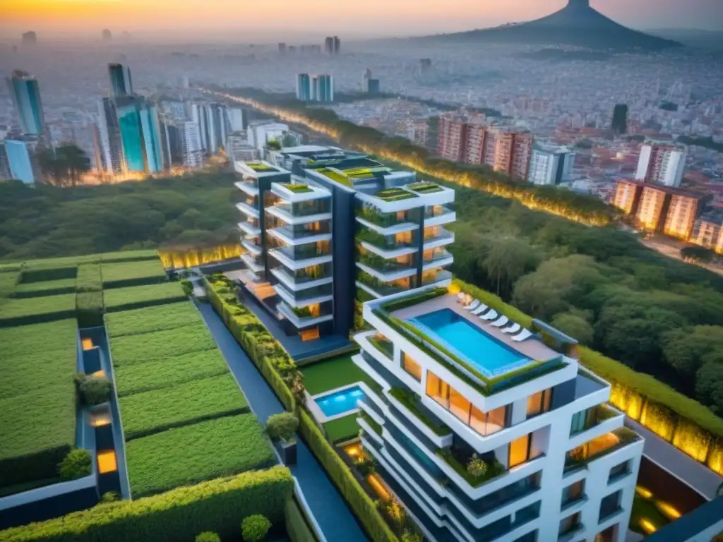 Complejo de lujo en CDMX al atardecer Desarrollos de lujo en México: complejo residencial de alta gama con arquitectura moderna, piscinas en azotea y vistas panorámicas al atardecer