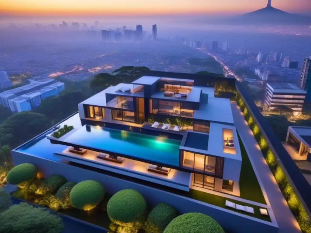 Residencial de lujo en CDMX: modernidad y elegancia Desarrollos de lujo en México: Complejo residencial lujoso con arquitectura moderna, jardines verdes y piscina infinity al atardecer