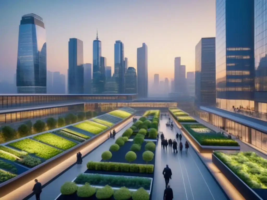 Cityscape sostenible al amanecer: progreso, innovación y diversidad urbana Desarrollos urbanos sostenibles economía local: Ciudad vibrante al amanecer, con edificios sostenibles y profesionales activos