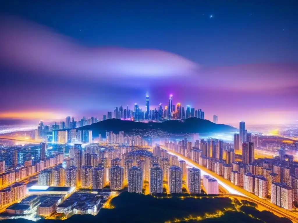 Metrópolis futurista: skyline nocturno en 8k Deslumbrante ciudad futurista de noche iluminada por luces neón, rascacielos modernos y cielo estrellado