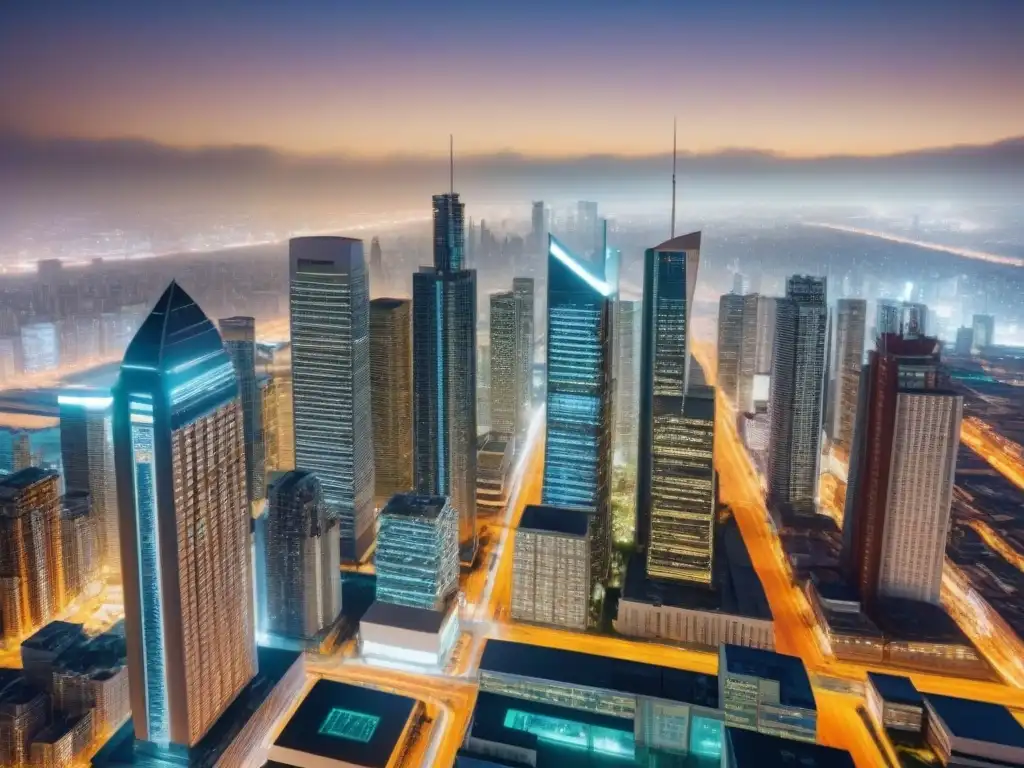 Metrópolis futurista 8k: inversión inmobiliaria nocturna Deslumbrante ciudad futurista de noche con rascacielos iluminados, reflejando modelos predictivos en inversiones inmobiliarias