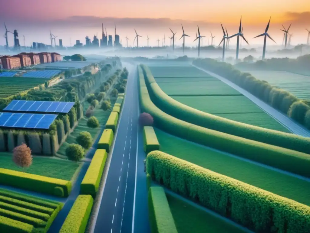 Metrópolis ecoamigable: fusión de naturaleza y tecnología Deslumbrante ciudad futurista con prácticas sostenibles de desarrollo urbano integradas en medio del atardecer