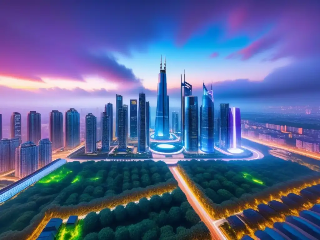 Metrópolis futurista de lujo y sostenibilidad en 8k Deslumbrante ciudad futurista con rascacielos de vidrio y acero, rodeada de vegetación y avanzados sistemas de transporte