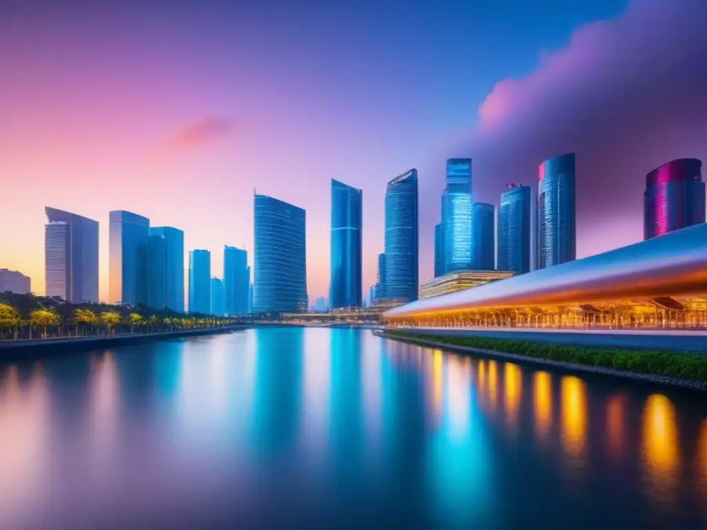 Horizonte urbano futurista: luces neón sobre río sereno Deslumbrante ciudad futurista al anochecer, con rascacielos iluminados por luces neón sobre un río sereno