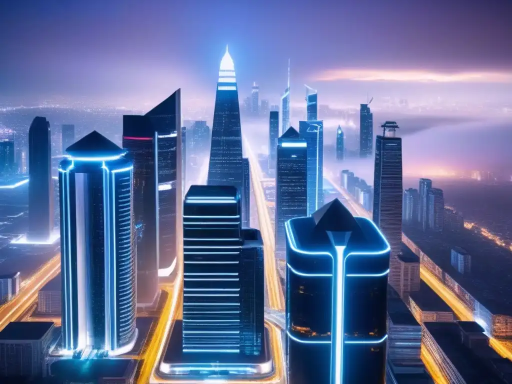 Metrópolis futurista: visión urbana avanzada Deslumbrante ciudad futurista con rascacielos de vidrio y acero, autos voladores y luces neón