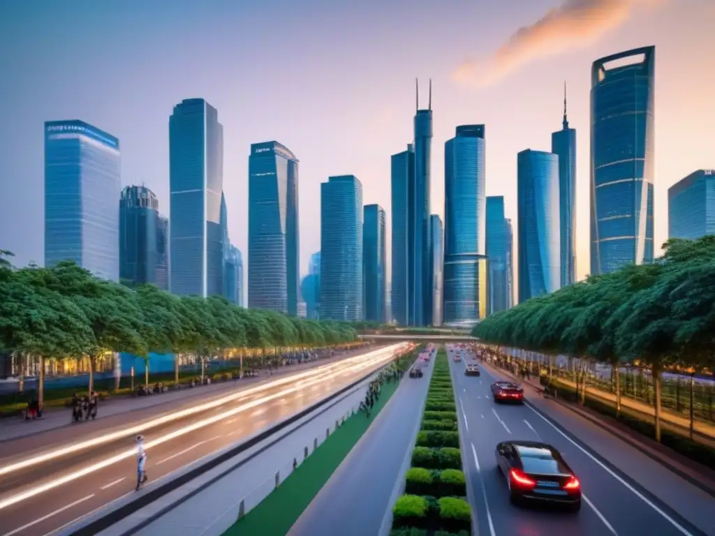 Metrópolis vibrante: luces, arquitectura moderna y diversidad urbana Deslumbrante ciudad al anochecer, reflejando la vida urbana y la correlación entre desarrollo urbano y calidad de vida