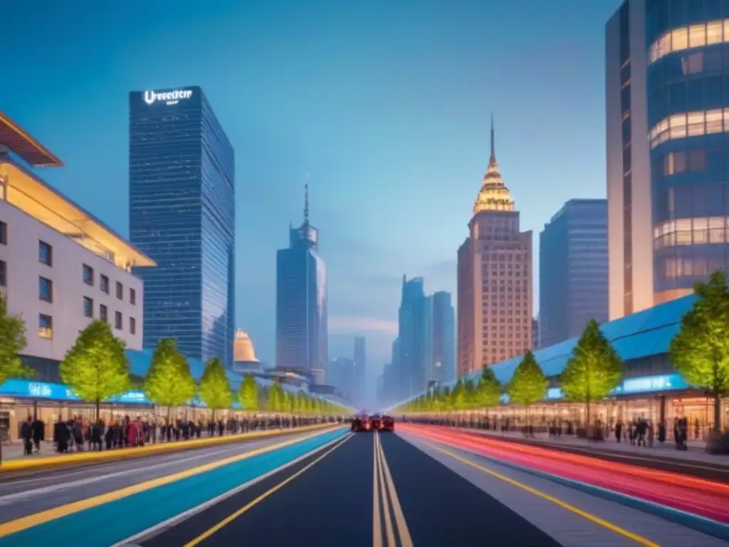 Metrópolis sostenible: luces urbanas en armonía Deslumbrante desarrollo urbano iluminado en la ciudad al anochecer, muestra una arquitectura sostenible y calidad de vida