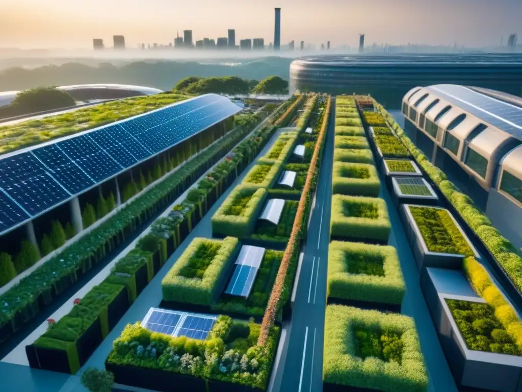 Desarrollo urbano sostenible: arquitectura verde en 8k Deslumbrante desarrollo urbano sostenible con techos verdes y paneles solares, rodeado de vegetación, en armonía con la naturaleza