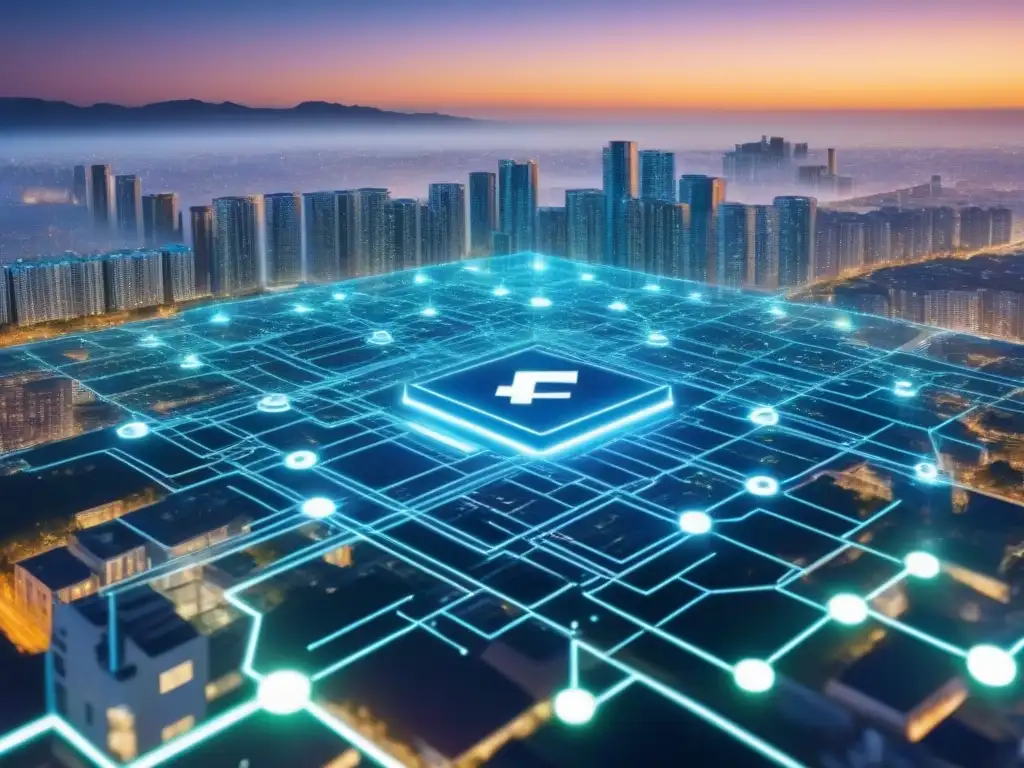 Diagrama blockchain detallado: Revolución inmobiliaria Un deslumbrante diagrama de red blockchain en el mercado inmobiliario, con bloques interconectados y vibrantes colores futuristas