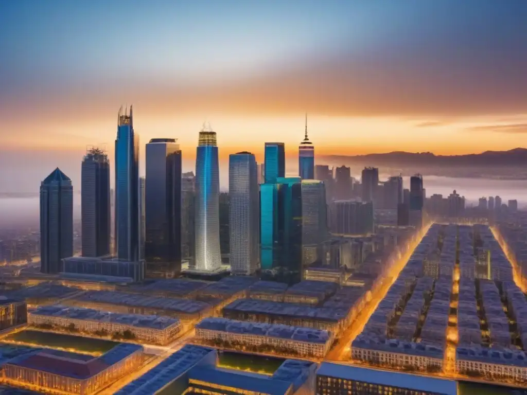 Espléndida ciudad al atardecer: arquitectura moderna y encanto histórico Deslumbrante skyline urbano al atardecer con edificios modernos iluminados por el sol, reflejando Inversiones inmobiliarias globales rentables