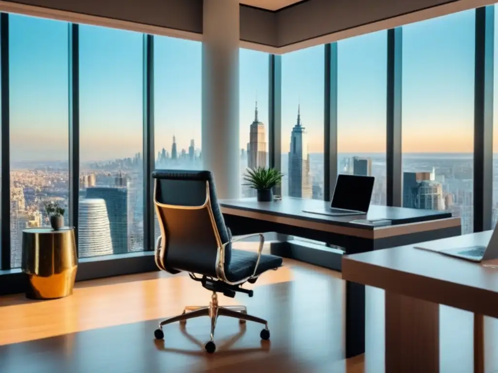 Oficina de lujo con vista a la ciudad: elegancia y éxito Despacho moderno de lujo con vista panorámica de la ciudad, escritorio elegante, silla de diseño y libros de bienes raíces, iluminado naturalmente