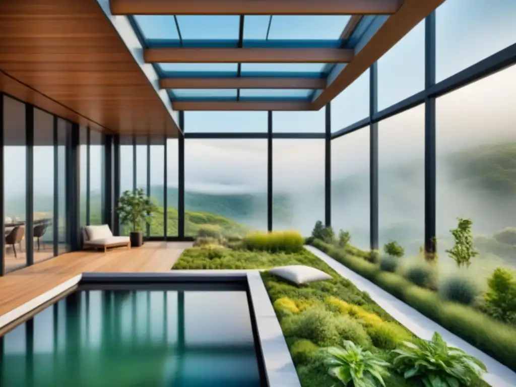 Arquitectura sostenible: diseño moderno en entorno verde Ilustración detallada de arquitectura moderna integrada en entorno verde con materiales sustentables conservación arquitectónica
