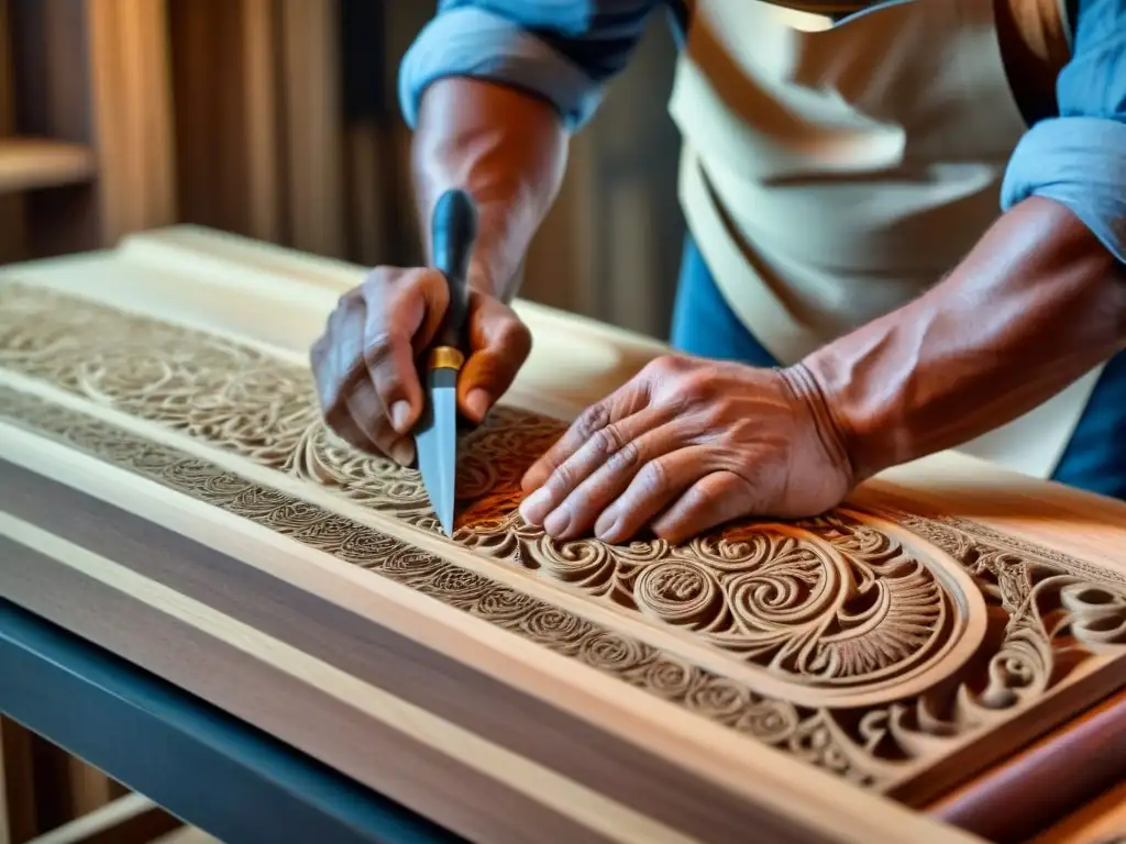 Artesano tallando madera: tradición sostenible Detallada artesanía en madera sustentable: manos expertas esculpen diseños intrincados con precisión y tradición