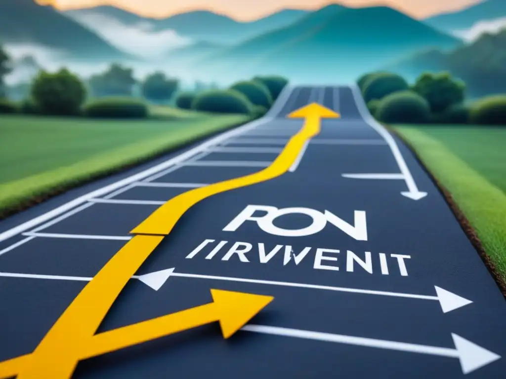 Camino financiero: ROI vs ROE en inversión inmobiliaria Ilustración detallada de dos caminos divergentes en paisaje inmobiliario, uno 'ROI' con indicadores financieros y otro 'ROE' con símbolos de crecimiento