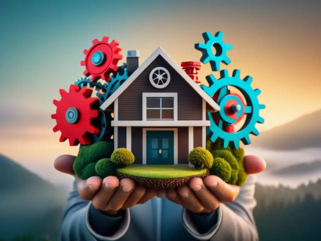 Reestructuración hipotecaria: el impacto en plazo del préstamo Ilustración detallada de una casa con engranajes conectados simbolizando el refinanciamiento en término hipoteca