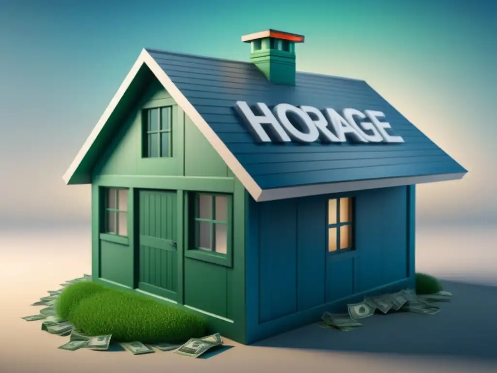Refinanciamiento hipotecario: Casa financiera en detalle Detallada ilustración de una casa con símbolos financieros, representando refinanciamiento y tasas de interés