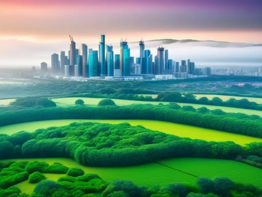 Skyline sostenible: armonía entre ciudad y naturaleza Ilustración detallada de una ciudad moderna ecofriendly, con edificios verdes, paneles solares y turbinas eólicas