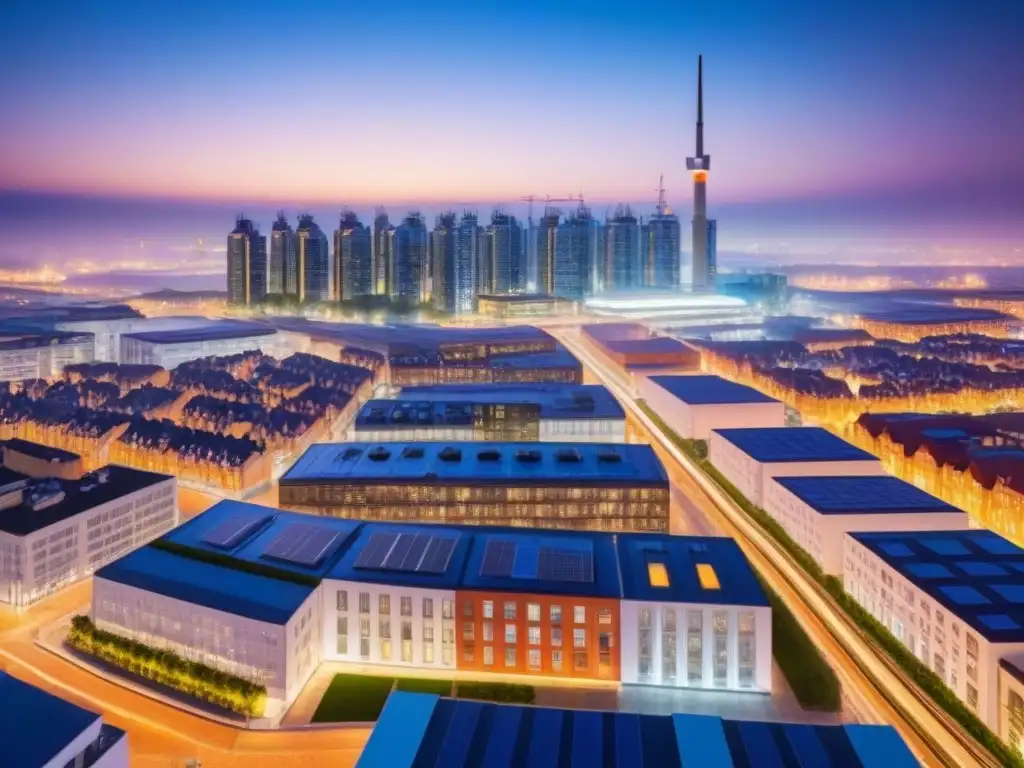 Cityscape nocturno: tecnología y sostenibilidad en armonía Ilustración detallada de una ciudad vibrante de noche con edificios eficientes iluminados