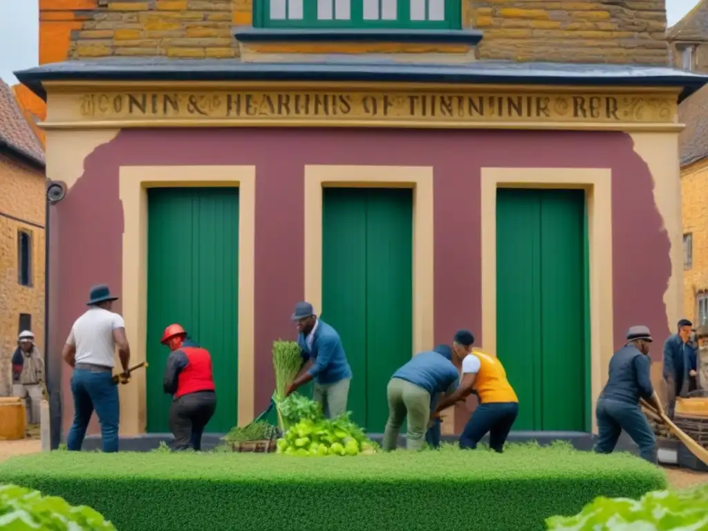 Restauración comunitaria: unidos por nuestro patrimonio Ilustración detallada de diversa comunidad restaurando edificio histórico, destaca colaboración y trabajo en equipo