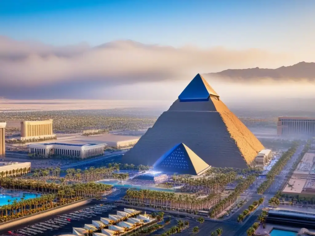 Réplica detallada de la pirámide egipcia en el hotel Luxor Las Vegas Réplica detallada de la famosa pirámide egipcia en el hotel Luxor Las Vegas con diseño moderno y hieroglíficos, arquitectura egipcia y diseño moderno