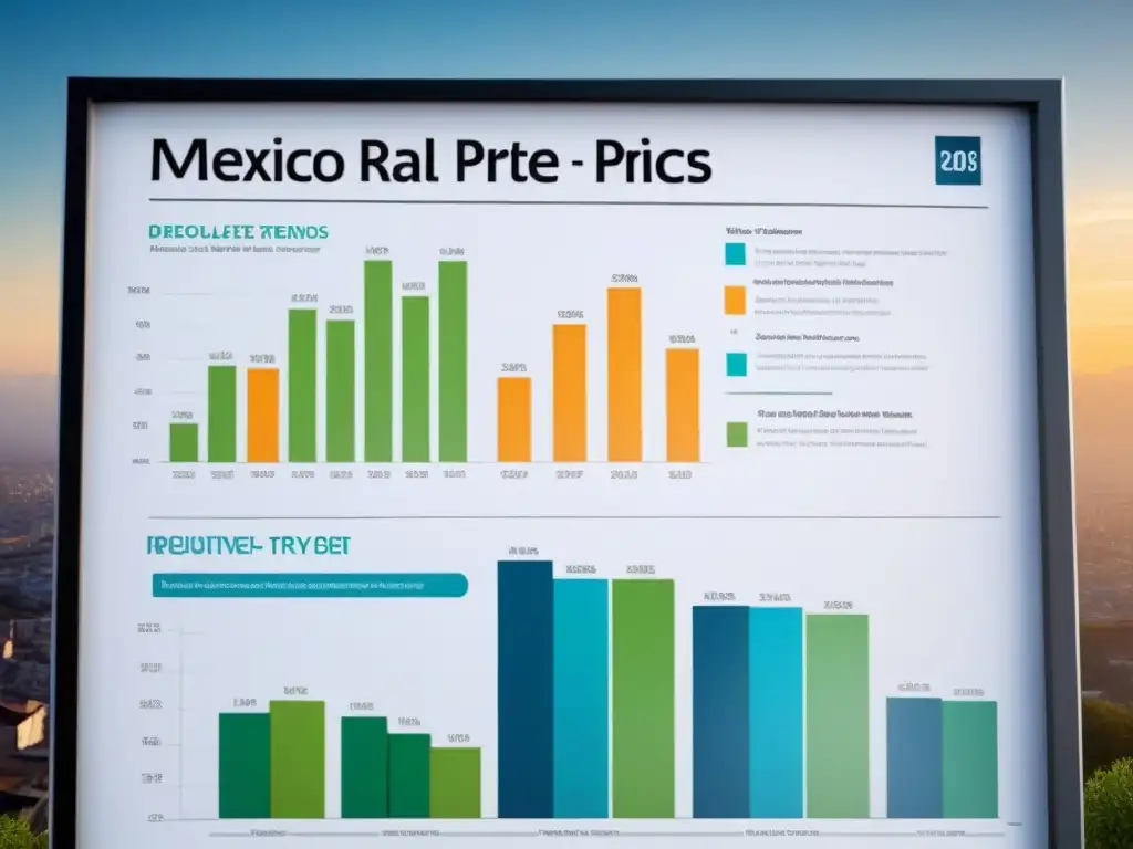 Infografía detallada del mercado inmobiliario en México, con gráficos de precios, tasas de interés y tendencias de construcción