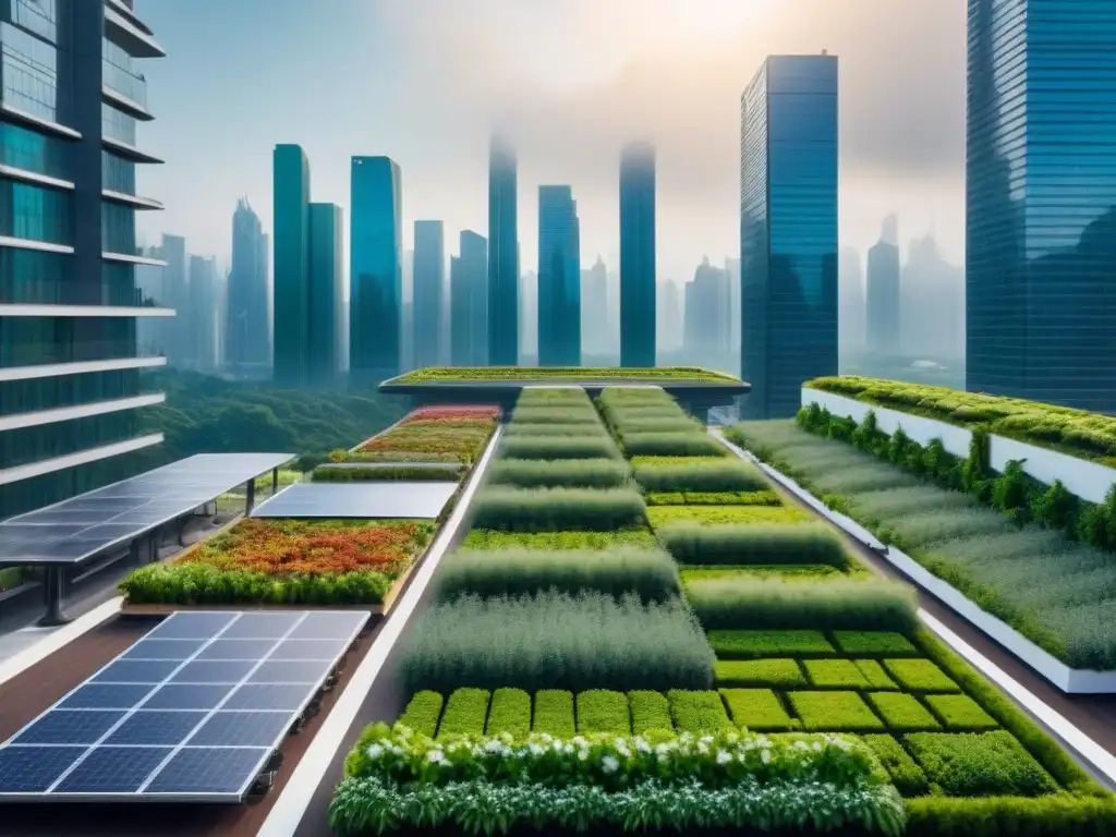 Metrópolis futurista sostenible con rascacielos verdes Ilustración detallada y moderna de una ciudad futurista con rascacielos sostenibles y amigables con el medio ambiente