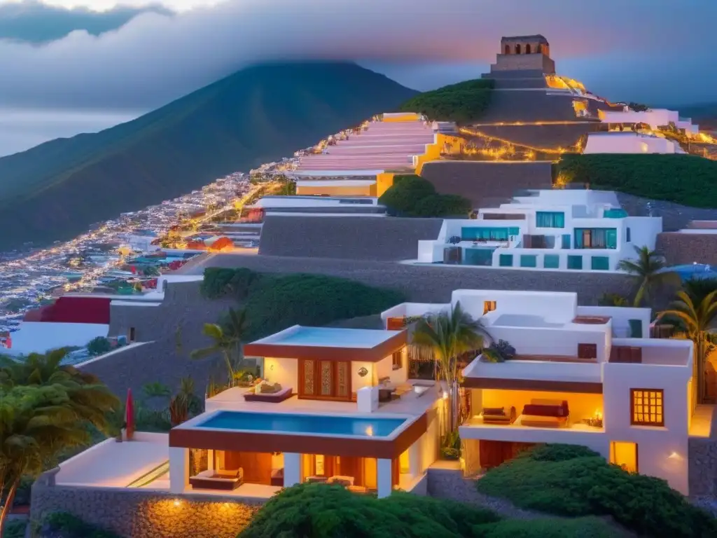 Propiedades en México: ilustración detallada y moderna con casas mexicanas, departamentos de lujo, villas en la playa y haciendas tradicionales, resaltando la diversidad arquitectónica del país Ilustración detallada y moderna de tipos de propiedad en México: casas mexicanas, apartamentos, villas y haciendas, en diversos paisajes