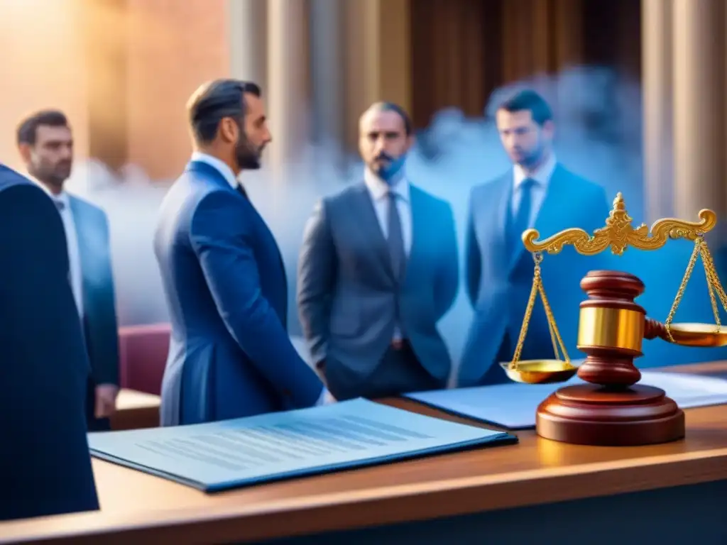 Proceso de desahucio en España: ilustración detallada en tribunal moderno Ilustración detallada del Proceso de Desahucio en España con escenario de tribunal moderno, profesionales legales, juez y disputa de propiedad