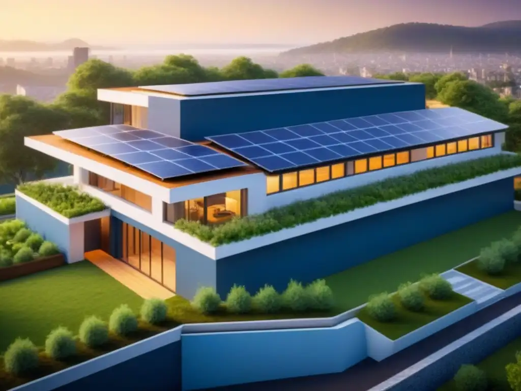 Plan arquitectónico sostenible con tecnologías innovadoras Detallado diseño eficiente para ahorro energético con paneles solares, techos verdes y sistemas de reciclaje de agua integrados