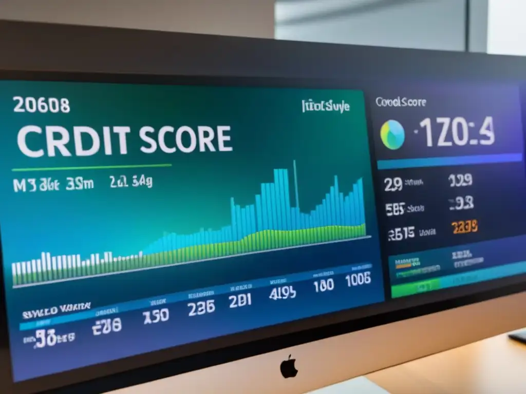 Tablero de crédito futurista: gráficos dinámicos y datos en tiempo real Detallado panel de control de puntuación de crédito futurista, con gráficos dinámicos y fluctuaciones en tiempo real, impacto refinanciamiento en puntuación crédito