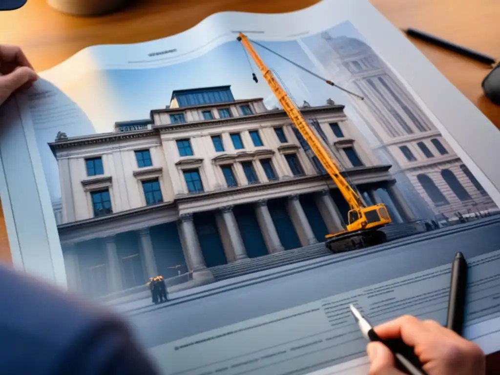 Detalles arquitectónicos de edificio histórico en restauración Detallado plano arquitectónico de restauración con líneas de crédito para restauración