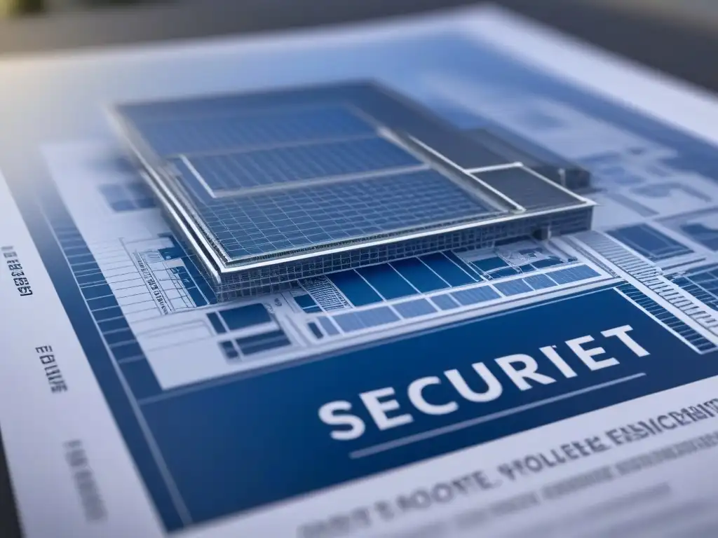 Plan arquitectónico detallado y seguro para inversión inmobiliaria Detallado plano arquitectónico moderno de garantías inversión bienes raíces, con elementos de seguridad y diseño en azules y metálicos