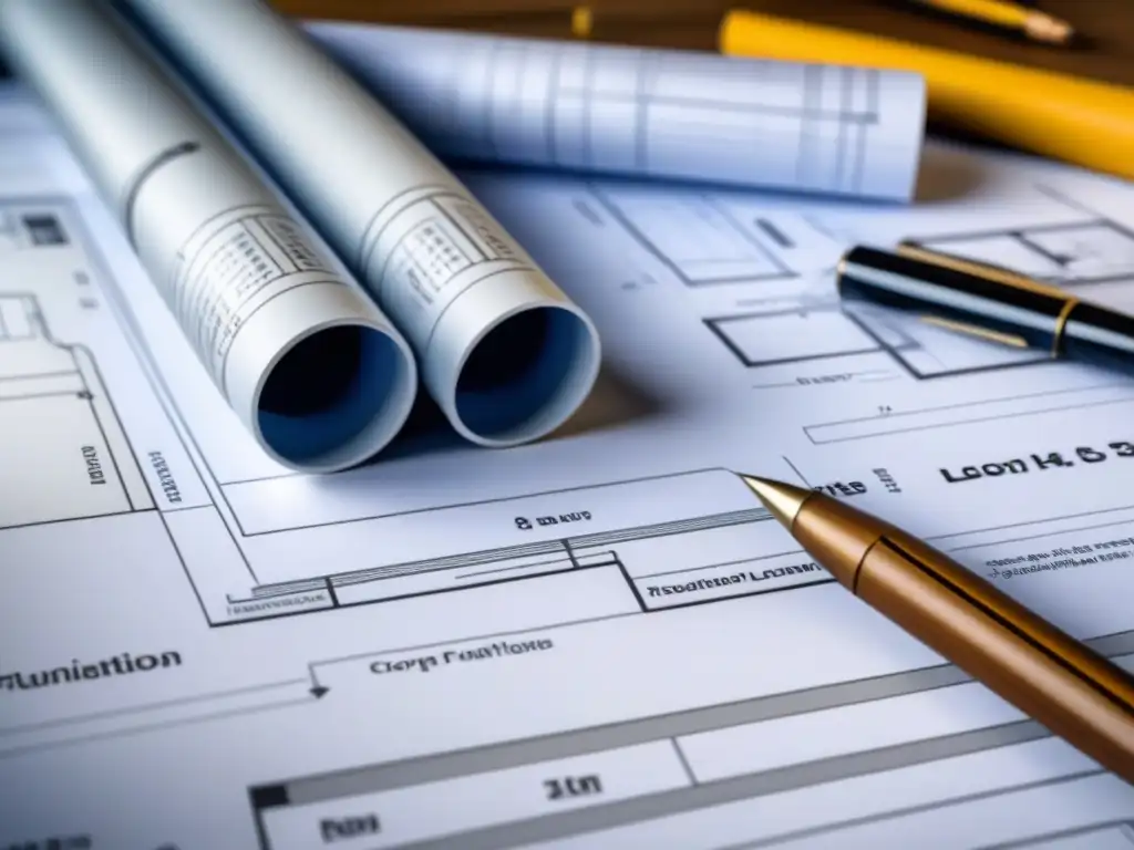 Detalles arquitectónicos: plano detallado de propiedad en desarrollo Detallado plano arquitectónico de una propiedad en construcción con herramientas y anotaciones