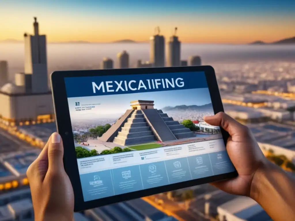 Plan arquitectónico mexicano: normas locales y diseños modernos Detallado plano arquitectónico en tablet, normativas construcción México multas, ciudad mexicana de fondo