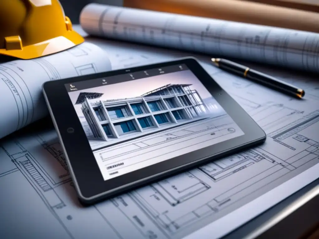 Blueprint 8k detallado con Código Técnico de Edificación Detallado plano arquitectónico en tablet digital con herramientas y anotaciones, reflejando implicaciones Código Técnico de Edificación