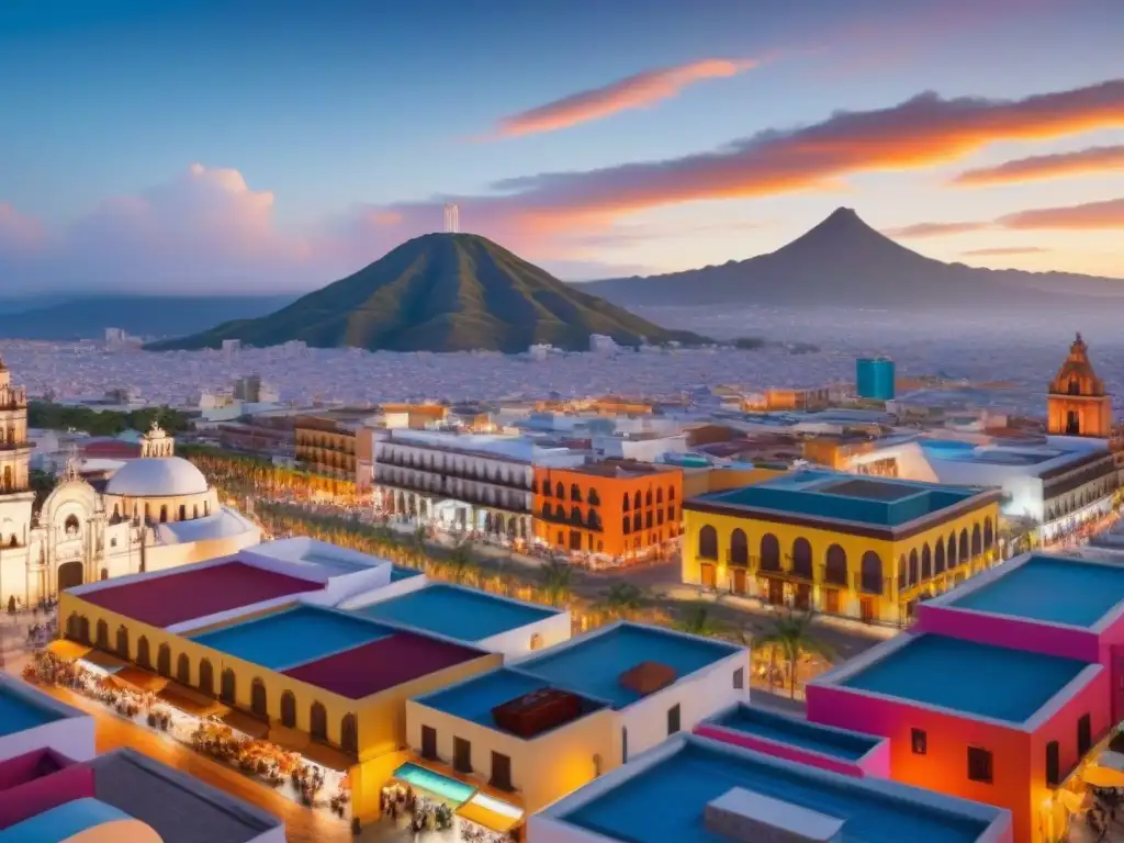 Blueprint de Ciudad Mexicana: Leyes y Colorido Urbano Detalle arquitectónico de una vibrante ciudad mexicana con rascacielos y edificios tradicionales, mercados coloridos y palmeras