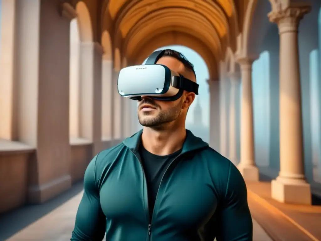 Realidad virtual: restauración de edificio histórico Detalle de headset VR con restauración digital de edificio histórico y herramientas virtuales, en un ambiente moderno