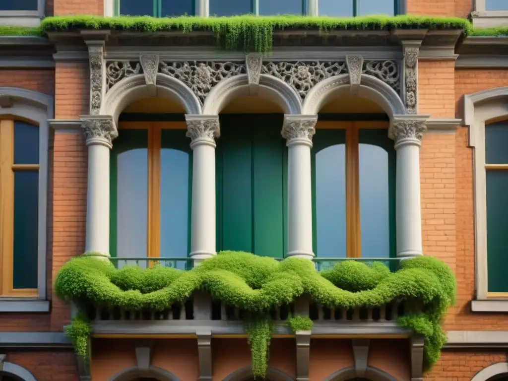 Fachada histórica: detalles arquitectónicos y naturaleza en armonía Detalle fascinante de fachada histórica con elementos arquitectónicos ornamentados y naturaleza recuperando la estructura
