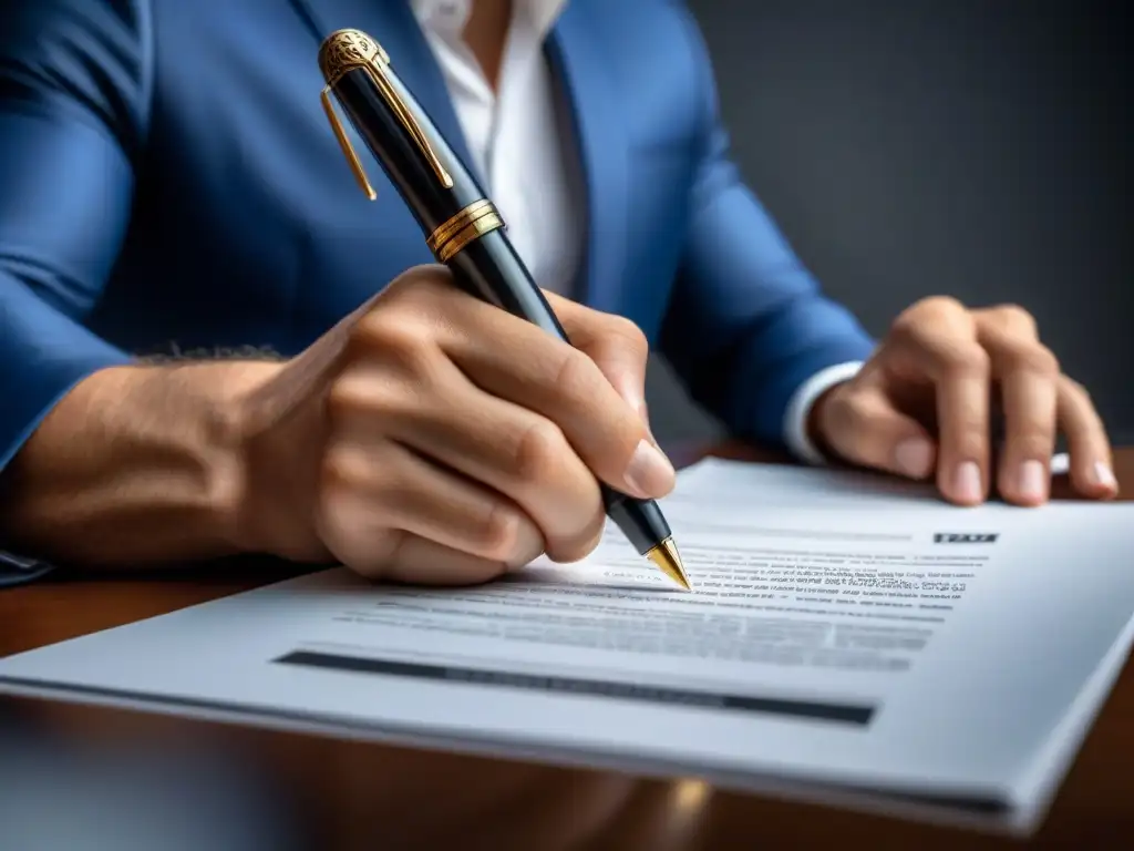 Detalle excepcional: firma de documento legal con pluma estilográfica Detalle impresionante: mano firmando documento legal con pluma, simbolizando la complejidad de actos jurídicos inmobiliarios