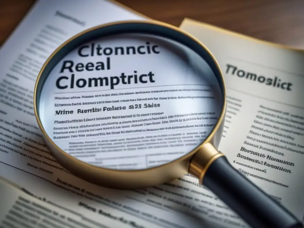Contrato inmobiliario bajo lupa: descubre cláusulas ocultas Detalle minucioso de contrato inmobiliario con cláusulas abusivas bajo lupa