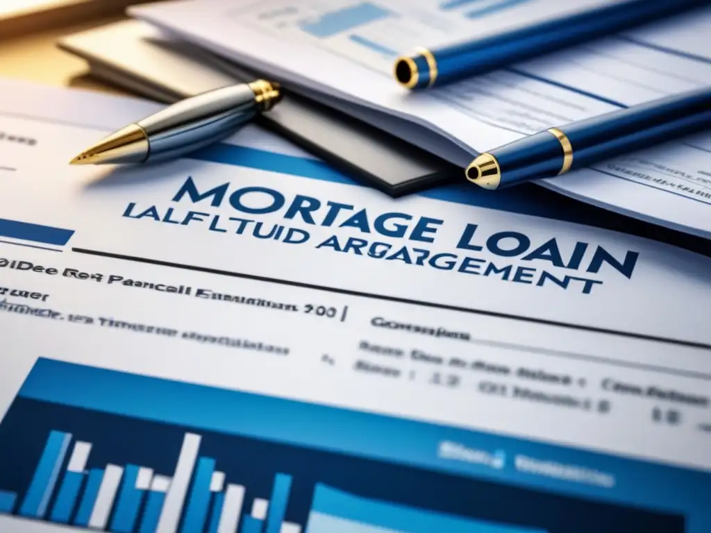 Plano hipotecario detallado: intereses, pagos y propiedades Detalle de moderno contrato hipotecario con intereses y gráficos financieros
