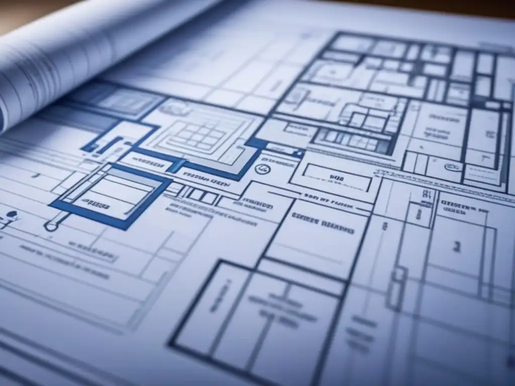 Plan arquitectónico detallado para remodelar: directrices de conservación en bienes raíces Detalle de plano arquitectónico moderno resaltando normativa conservación remodelación inmobiliaria
