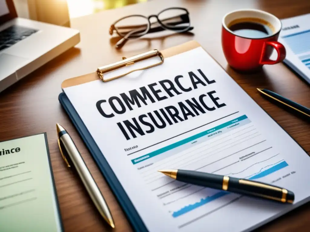 Política de seguro comercial: detalle ultradetallado en 8k Detalle 8k de póliza seguros propiedades comerciales inversión en elegante escritorio con suministros y gráficos