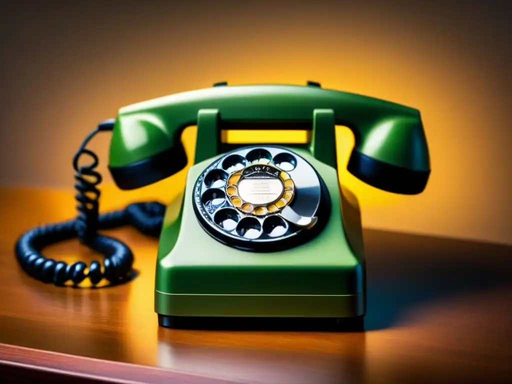 Teléfono vintage: detallado closeup en ambiente moderno Detalle de teléfono rotativo vintage en un entorno moderno con influencia de diseño retro y luz ambiental suave