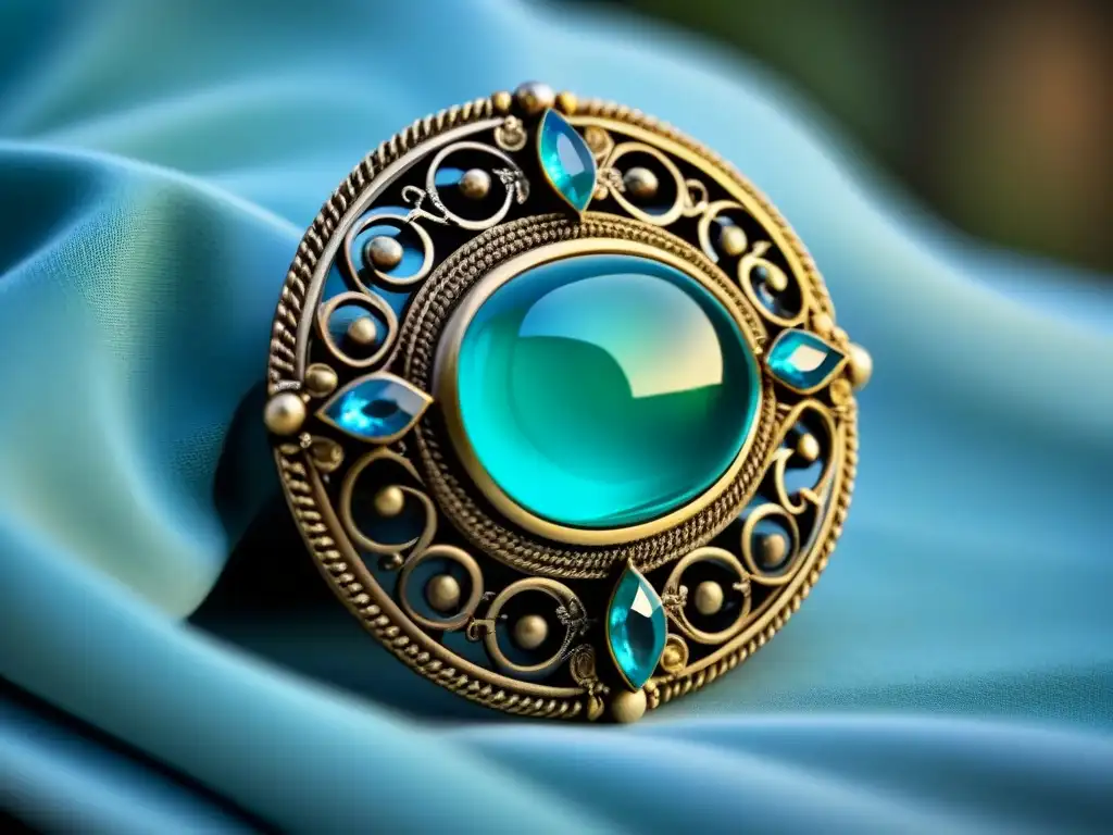Broche antiguo con filigrana y gemas Detalles exquisitos de una broche antiguo: filigrana delicada, gemas centelleantes y pátina histórica