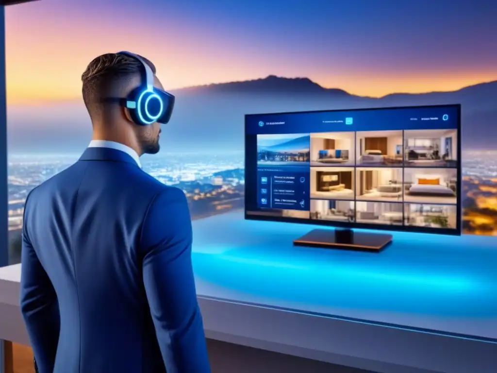 Interfaz AI futurista para gestión inmobiliaria Detalles futuristas de integración de AI en inmobiliarias con visualizaciones de datos y algoritmos de aprendizaje automático