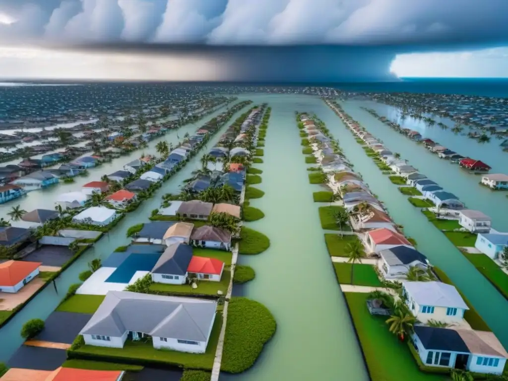 Desastre por huracán: ciudad costera arrasada Devastación por huracán: ciudad costera inundada y edificios dañados
